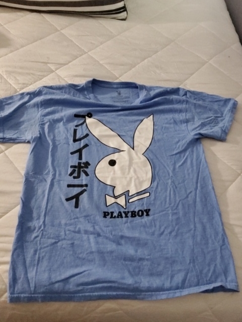 PLAYBOY Light Blue Tee w/White Bunny & Black Playboy Tee w/neon Green Bunny